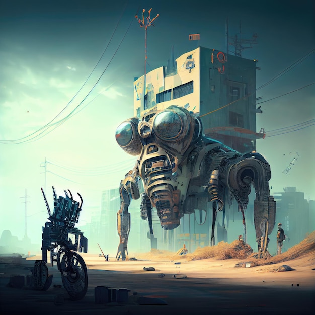 Postapokaliptyczne miasto z futurystycznymi szkieletowymi budynkami i robotami