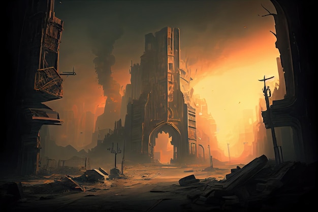 Postapokaliptyczne miasto z tlącymi się ruinami, dym unoszący się z pożarów stworzonych za pomocą generatywnej sztucznej inteligencji