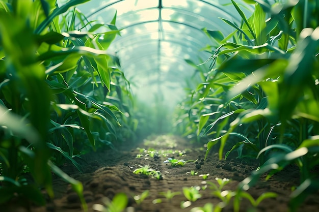 Postępy w technologii rolniczej zwiększają produktywność i jakość w futurystycznym środowisku rolniczym pełnym bujnych zielonych roślin Koncepcja Technologia rolnicza Postępy rolnicze