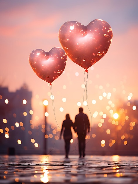 Poster balonów w kształcie serca uściskających pary przed żywym słońcem 2D Flat Design Art Design