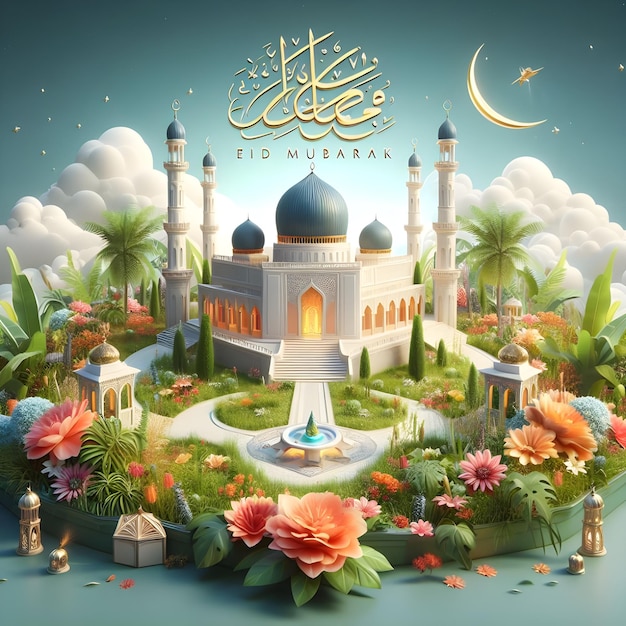 Poster Eid Mubarak dla meczetu z niebieskim meczetem na dole