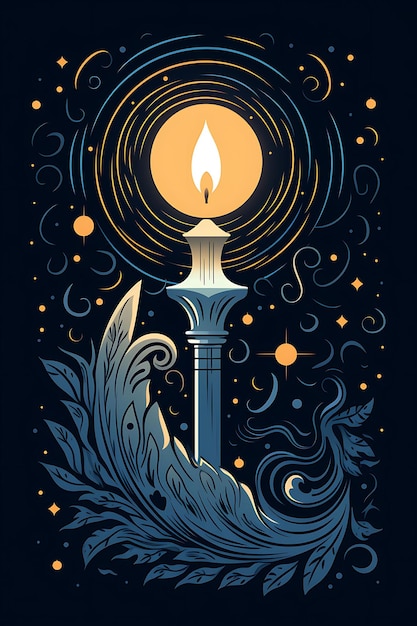 Poster pojedynczej świecy z migoczącym płomieniem Głęboko niebieski i srebrny C świece świąteczne 2D płaskie wzory