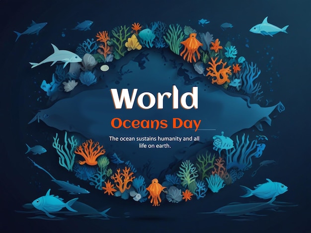 Zdjęcie poster światowego dnia oceanu w stylu niebieskiego papieru