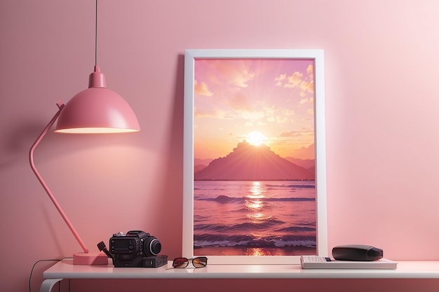 Poster z różową lampą projektorową na zachodzie słońca