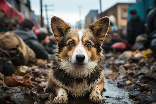 Poszarpany walijski corgi kucający w zatłoczonych slumsach, tak smutny, że wygenerował ai