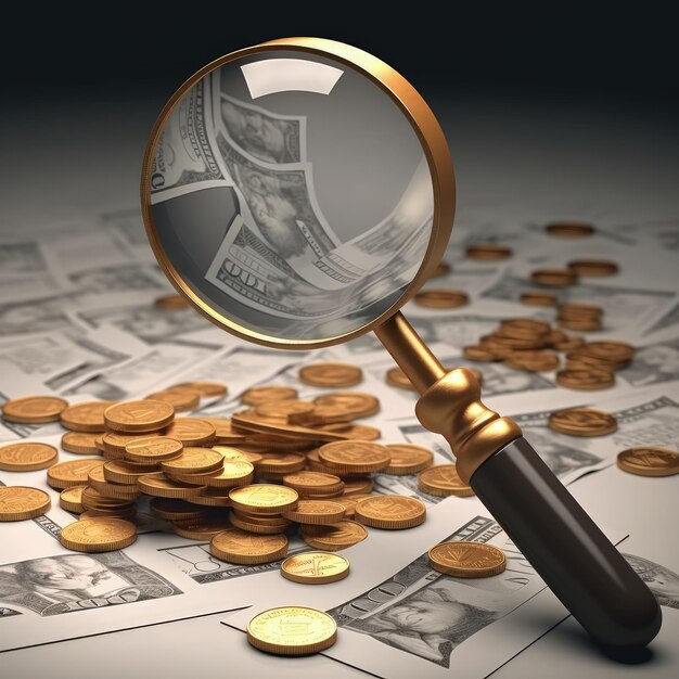 Zdjęcie poszukiwanie waluty szkło powiększające badające monety i dolary symbolizujące koncepcję skrupulatnego poszukiwania finansowego i dążenia do bogactwa koncepcja pieniądza mieszania animacji eksploracja finansowa