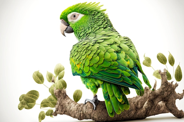Potargana zielona papuga na białym obsiadaniu na cienkiej gałąź