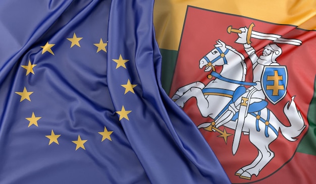 Potargane flagi Unii Europejskiej i Litwy z herbem renderowania 3D
