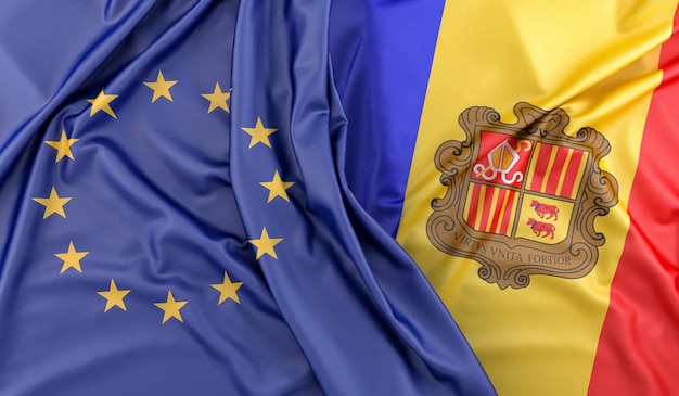 Potargane flagi Unii Europejskiej i renderowania 3D Andory