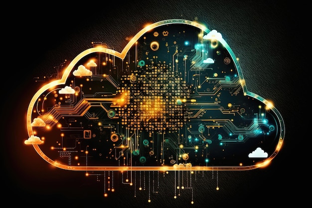 Potencjał technologii chmurowej z danymi i informacjami przepływającymi przez sieć połączonych ze sobą serwerów i urządzeń Generative AI