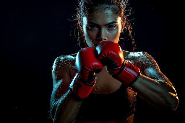 Zdjęcie potężna kickboxerka w odzieży aktywnej i czerwonych rękawiczkach demonstrująca sztuki walki kick on black background fitness workout and sport exercise concept