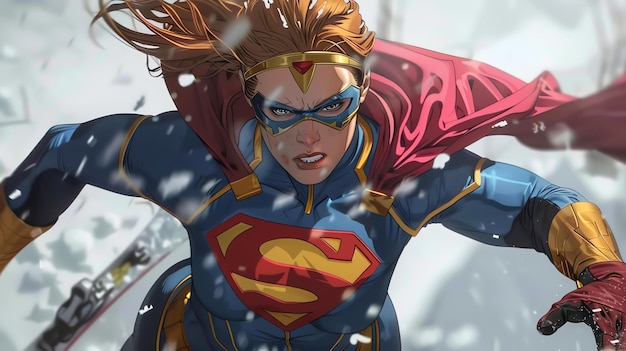 Zdjęcie potężna superbohaterka z długimi, płynącymi włosami i zdecydowanym wyrazem twarzy biegnie do przodu w śnieżnym krajobrazie