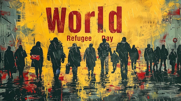 Potężna sztuka Światowego Dnia Uchodźców przedstawiająca różne sylwetki