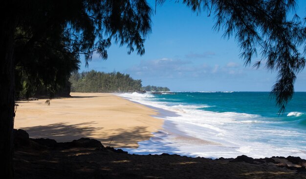 Potężne fale spływają na piasek na plaży Lumahai Kauai