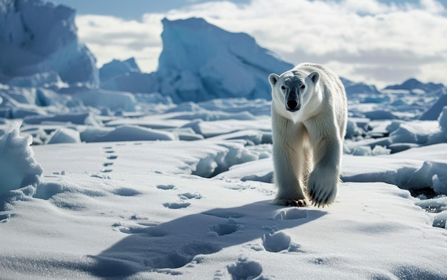 Potężne łapy niedźwiedzia polarnego pozostawiają ślady na pokrytym śniegiem krajobrazie.