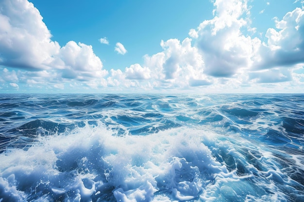 Potężne, pieniste fale morskie toczą się i rozpryskują po powierzchni wody na tle pochmurnego błękitnego nieba