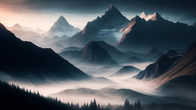Potężne szczyty gór osłonięte jasną poranną mgłą Wielkość i inspiracja w naturalnych krajobrazach Kreatywna sztuczna inteligencja generowana