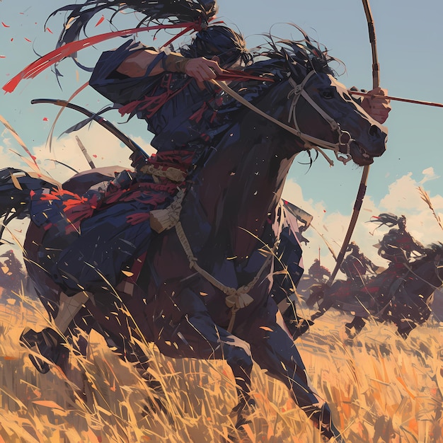 Potężni samuraje na koniu gotowi do bitwy