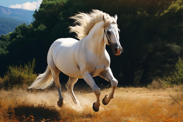 Potężny, biało owłosiony koń w pełnym biegu przez pole