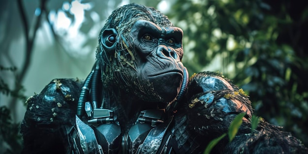 Potężny goryl cyborg poruszający się po gęstej dżungli Generatywna sztuczna inteligencja