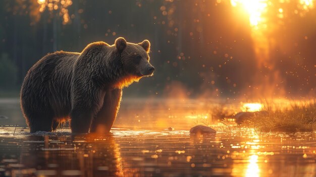 Potężny niedźwiedź stojący dziki las naturalne środowisko wciągające wczesna poranna mgła fotorealistyczne spokojne miękkie oświetlenie AI generatywne