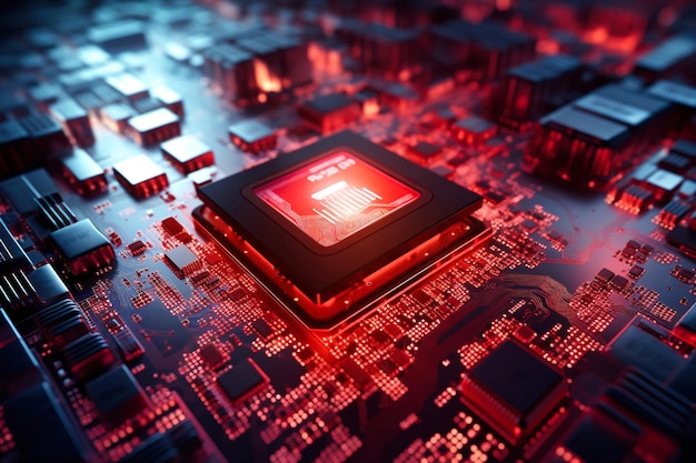 Potężny procesor komputera lub chip na płycie głównej Nowoczesne technologie Czerwone tło
