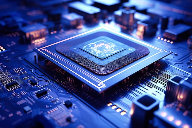 Potężny procesor komputera lub chip na płycie głównej Nowoczesne technologie Niebieskie tło