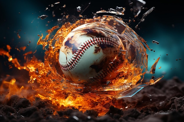 Potężny wpływ renderowania 3D softballu rozbijającego szkło na czarnym tle