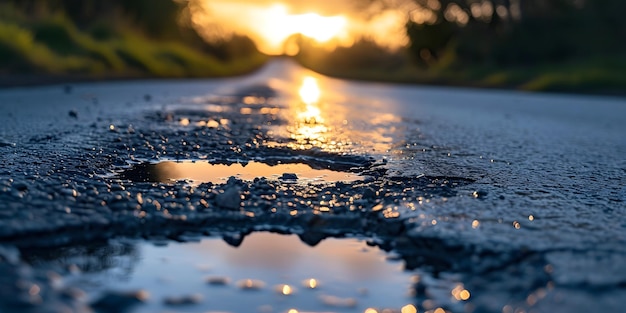 Pothole na pustej drodze wczesnym rankiem problemy z konserwacją dróg koncepcja dróg problem zaniedbania