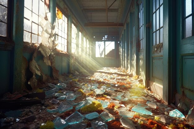 Potłuczone szkło i gruz w opuszczonym szkolnym korytarzu stworzonym za pomocą generatywnej sztucznej inteligencji