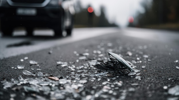 Potłuczone szkło na drodze generatywnej ai wypadku samochodowego