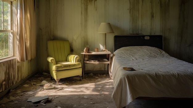 Zdjęcie potrzebna renowacja sypialnia w stylu postapokaliptycznym ze starym łóżkiem i zielonym krzesłem