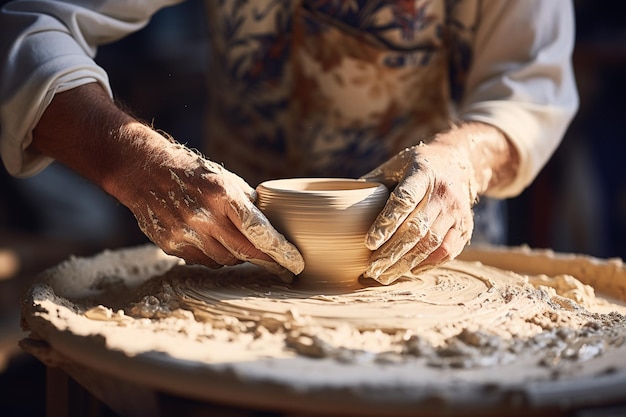 Potter w pracy Zbliżenie męskich rąk robiących ceramiczny garnek