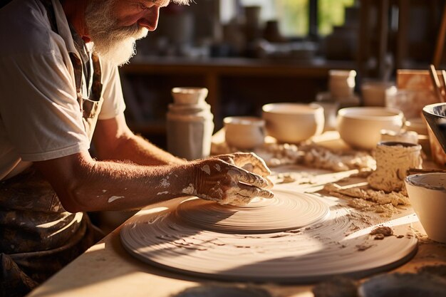 Potter w pracy Zbliżenie męskich rąk robiących ceramiczny garnek