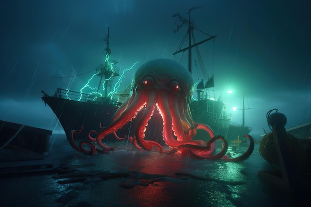 Potwór Cthulhu zaatakował miasto i łodzie na molo w porcie morskim Apokalipsa potwór z mackami strach przerażenie
