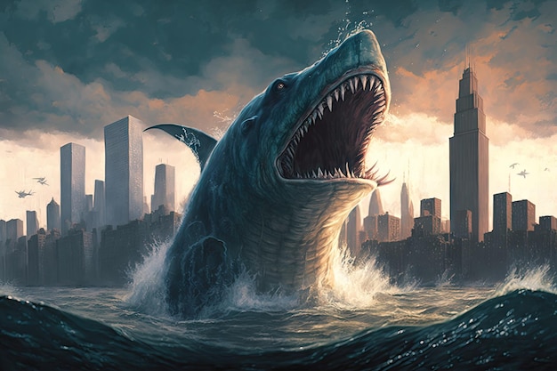 Potwór morski wyłaniający się z wody i ryczący głową, górujący wysoko nad panoramą miasta