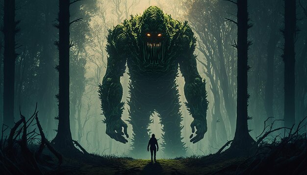 Potwór stoi w lesie.