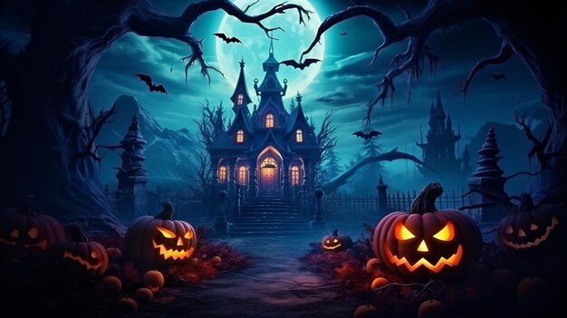 Potwór z dyni i zamek szkarłacica na święto Halloween Koncepcja tła Halloween