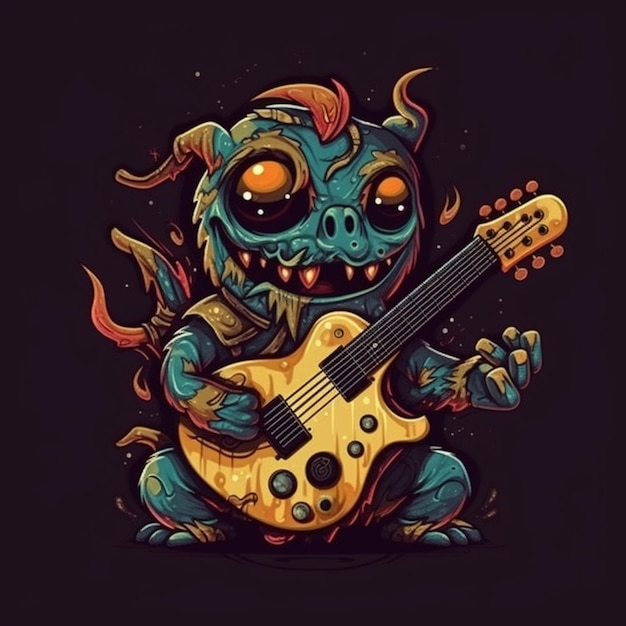 potwór z kreskówek grający na gitarze z płomieniami wychodzącymi z niej generatywny ai