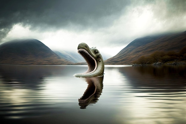 Potwór z Loch Ness rozkładający usta i unoszący się na jeziorze