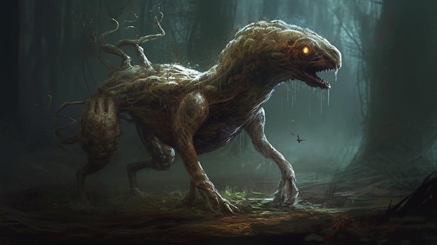 Potwór z zieloną głową i czerwonym okiem spaceruje po lesie.