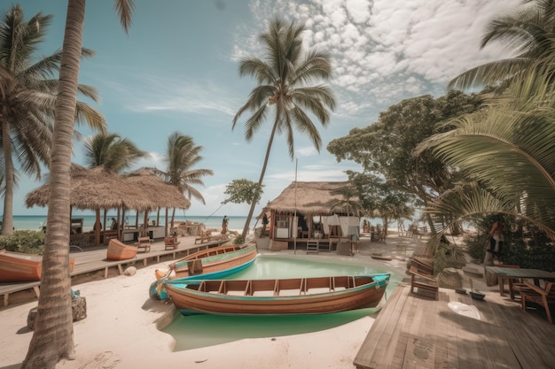 Pousada nad morzem bungalowy basen palmy i łódź na plaży generatywny IA