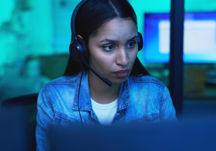 Zdjęcie poważna kobieta komputer lub słuchawki w neonowym domu do kodowania iot nocnego programowania seo lub kodu cyberbezpieczeństwa programista lub programista technologii komputerowej i muzyki lub podcastu do planowania pomysłów ux