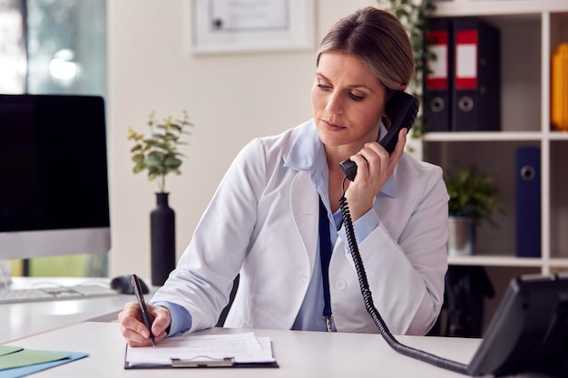 Poważna lekarka lub lekarz ogólny w białym płaszczu, siedząca przy biurku w biurze, wykonująca rozmowę telefoniczną