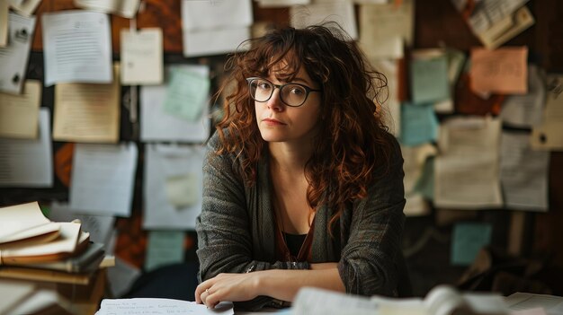 Poważna młoda kobieta w okularach siedząca w biurze.