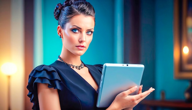 Poważna młoda kobieta z elektronicznym tabletem w nowoczesnym biurze