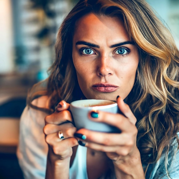 Poważna młoda kobieta z kawą w kawiarni patrząca na kamerę AI_Generated