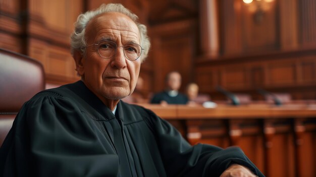 Zdjęcie poważna osoba w czarnej szlafroku i okularach reprezentująca sędziego siedzi w sali sądowej ai generative