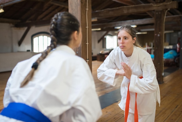 Zdjęcie poważne młode kobiety rozpoczynają trening karate. atrakcyjne kobiety w białych ubraniach z niebieskimi i czerwonymi pasami kłaniają się. sport, koncepcja zdrowego stylu życia