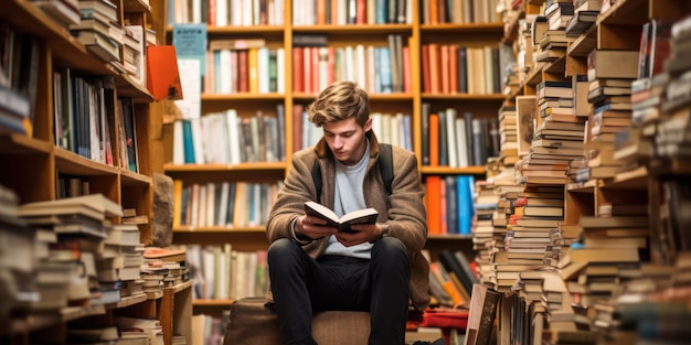 Poważny biały student studiujący w nowoczesnej bibliotece z książkami na półce